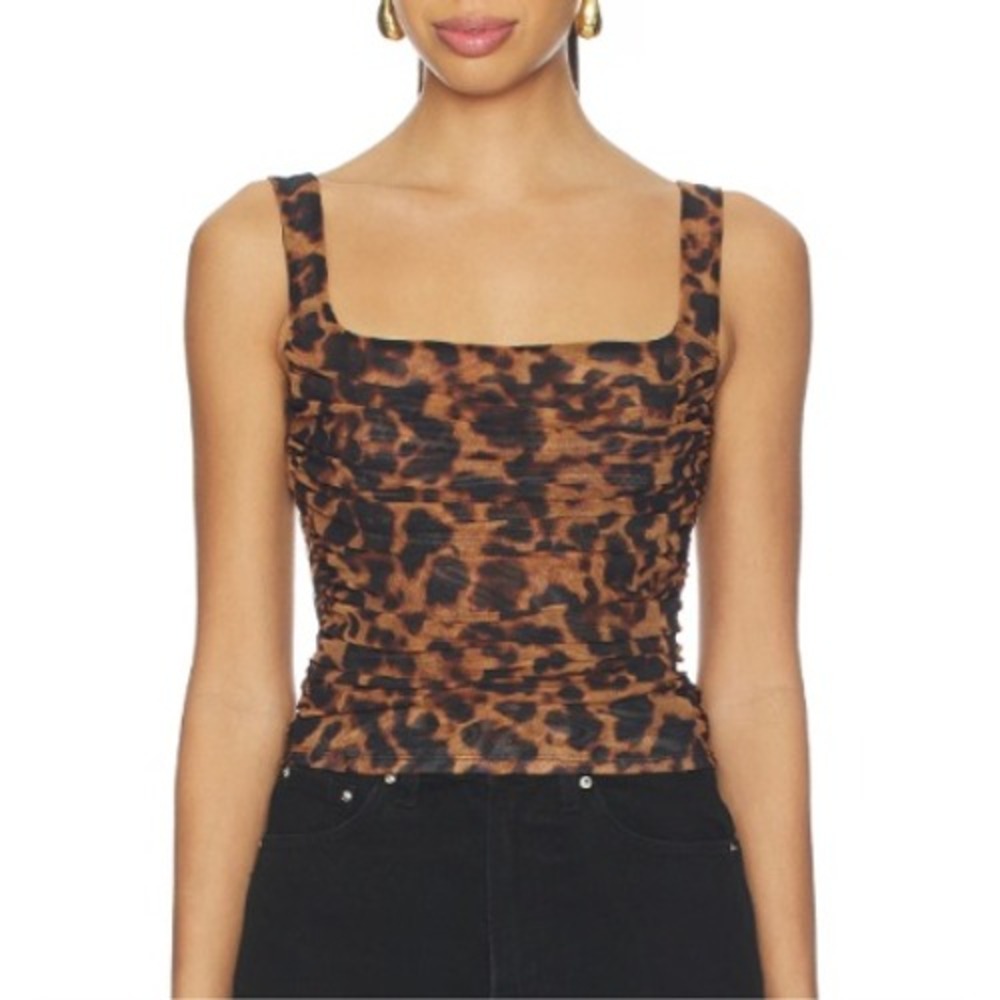 L'Agence Rasha Shirred Tank Top Tan Brown Leopard Women Size XS Mesh Ruched